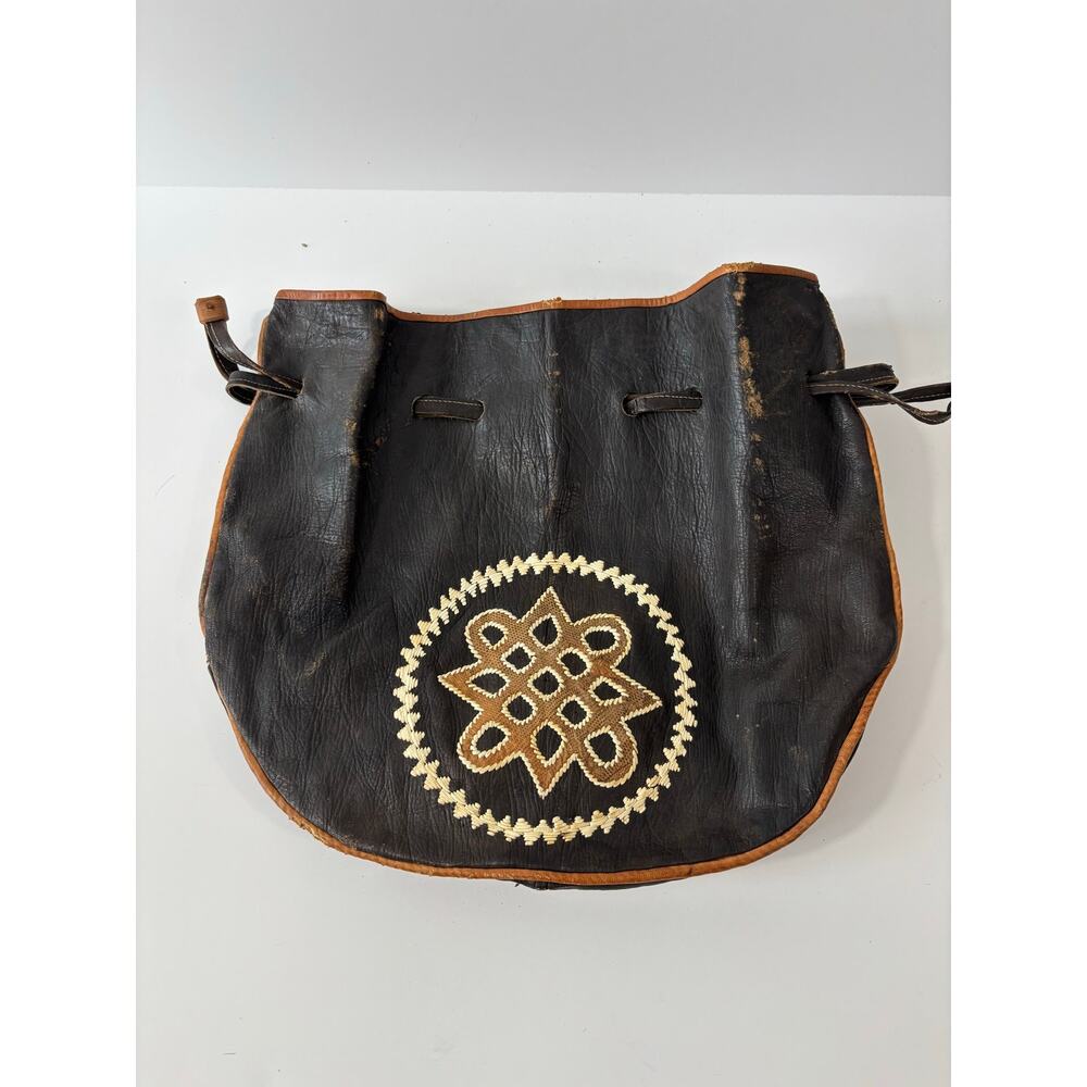 Vintage Boho Brown Leather Drawstring Pouch Bag